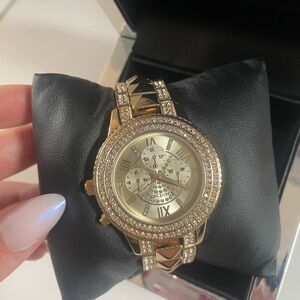 BEBE Gold Tone Pyramid Watch 102772 Double Rhinestone Face
